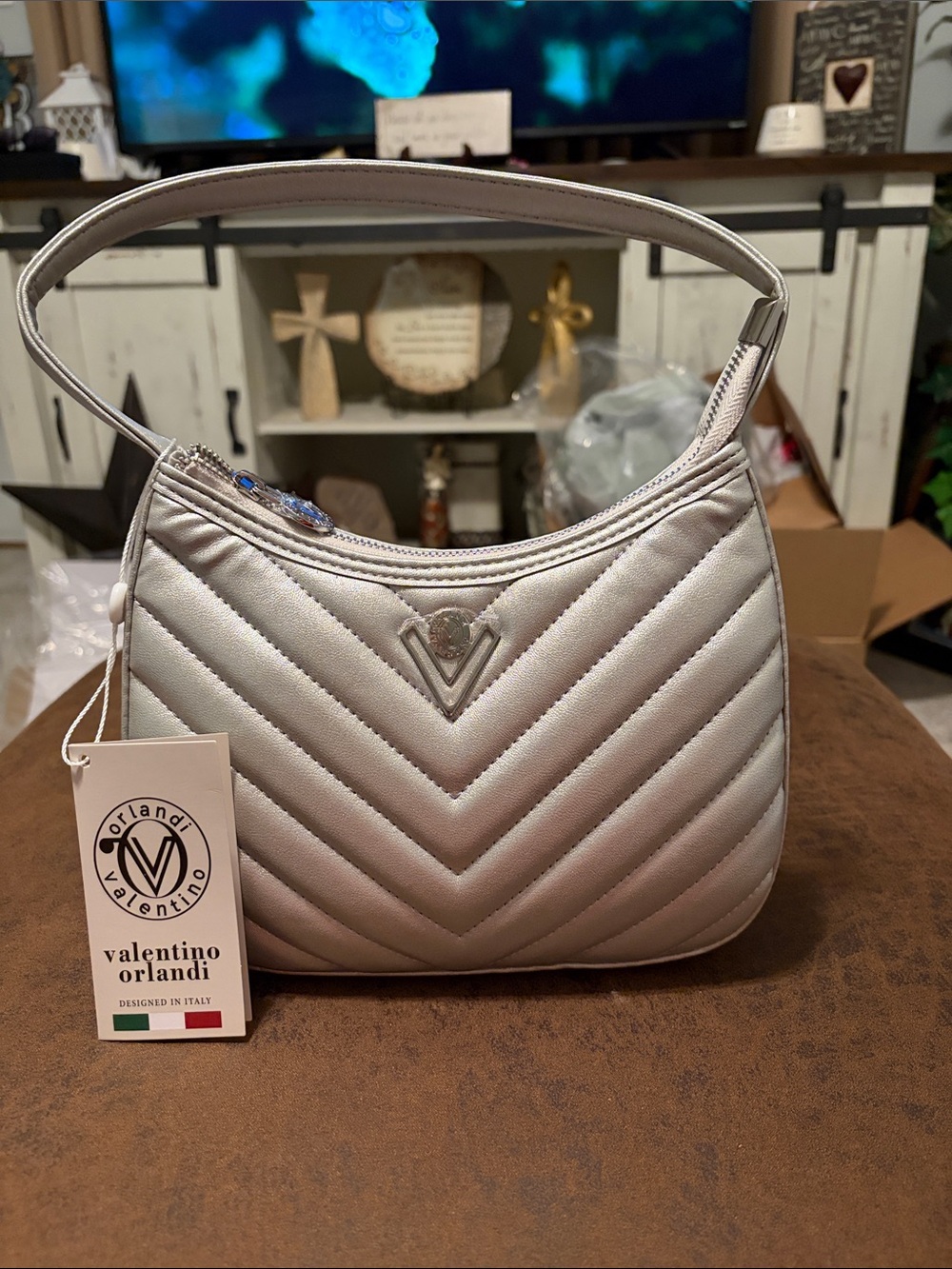 Valentino Orlandi Metallic Silver Quilted Shoulder Bag